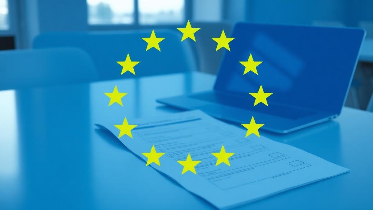 Estrellas de la bandera de la Unión Europea sobre un escritorio con checklist de cumplimiento del AI Act para pymes en España