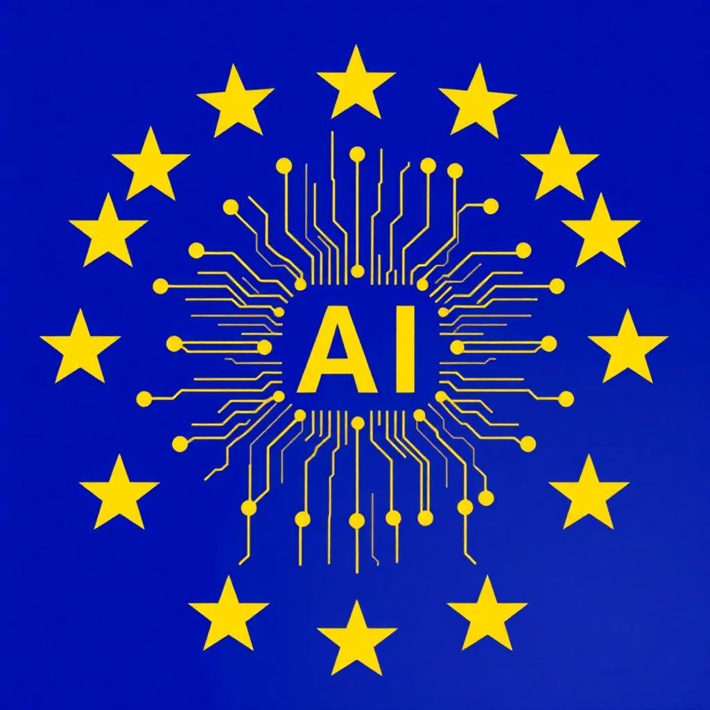 Bandera de la Unión Europea con circuitos de IA representando el Reglamento de IA y su cumplimiento para pymes en España