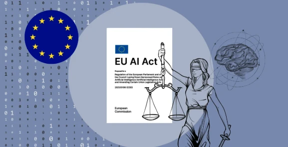 Ilustración del Reglamento europeo de IA: bandera de la Unión Europea, portada del documento «EU AI Act» y una figura de la justicia con balanza junto a un cerebro