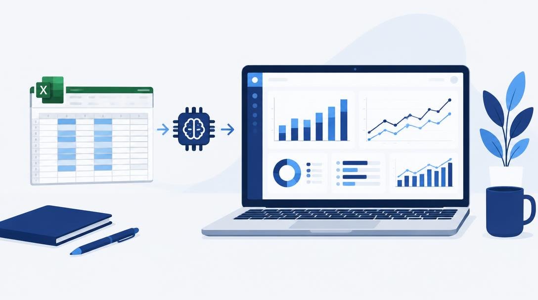 Portátil mostrando dashboards automáticos de ventas y márgenes generados con Claude a partir de una hoja de Excel, representando análisis de datos y reportes automáticos con IA
