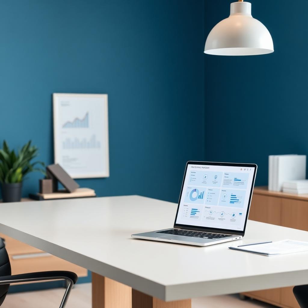 Consultoría en automatización con IA para pymes españolas: escritorio con laptop y dashboards de datos