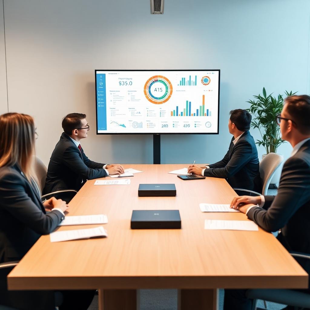 Reunión ejecutiva revisando estrategia de inteligencia artificial en pantalla con dashboards - Fractional AI Lead para pymes