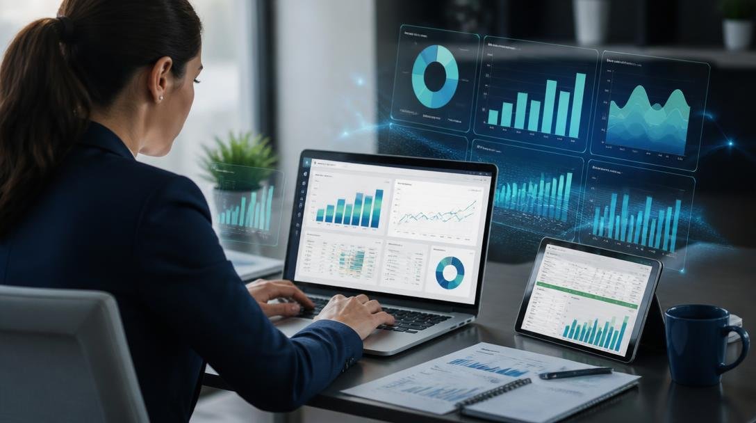 Profesional analizando dashboards de Power BI y Excel con asistencia de IA, representando reportes automáticos y análisis de datos sin programador