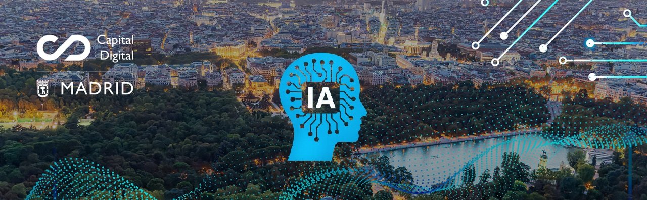 Vista aérea de Madrid al atardecer con el Retiro y una cabeza azul con la etiqueta IA, junto al logotipo Madrid Capital Digital