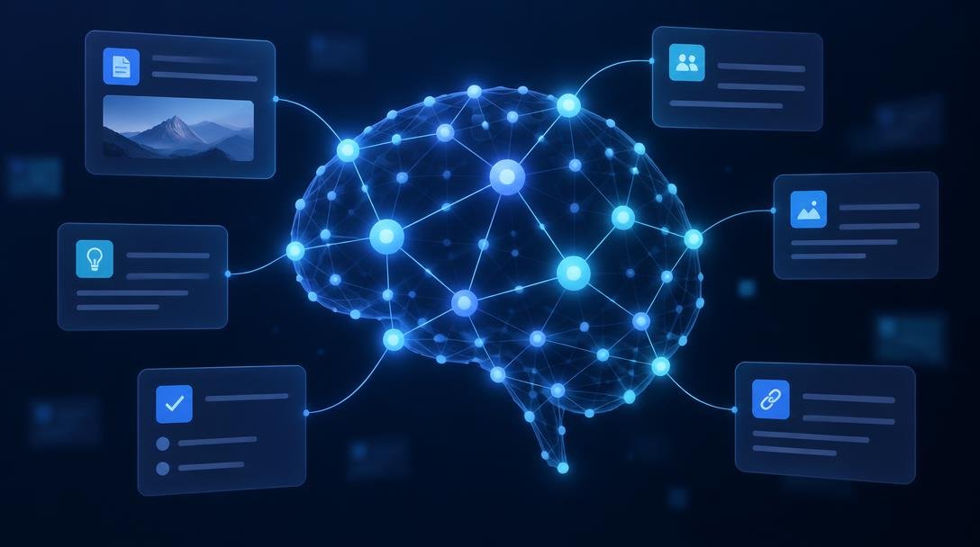 Red de notas enlazadas en forma de cerebro representando un second brain con Obsidian, Notion y Claude para gestión del conocimiento en pymes