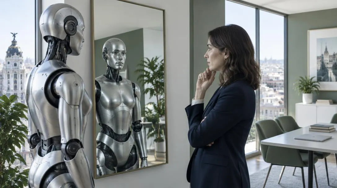 Profesional ante un robot humanoide reflejado en un espejo en una oficina de Madrid, metáfora del miedo a la IA y la identidad profesional